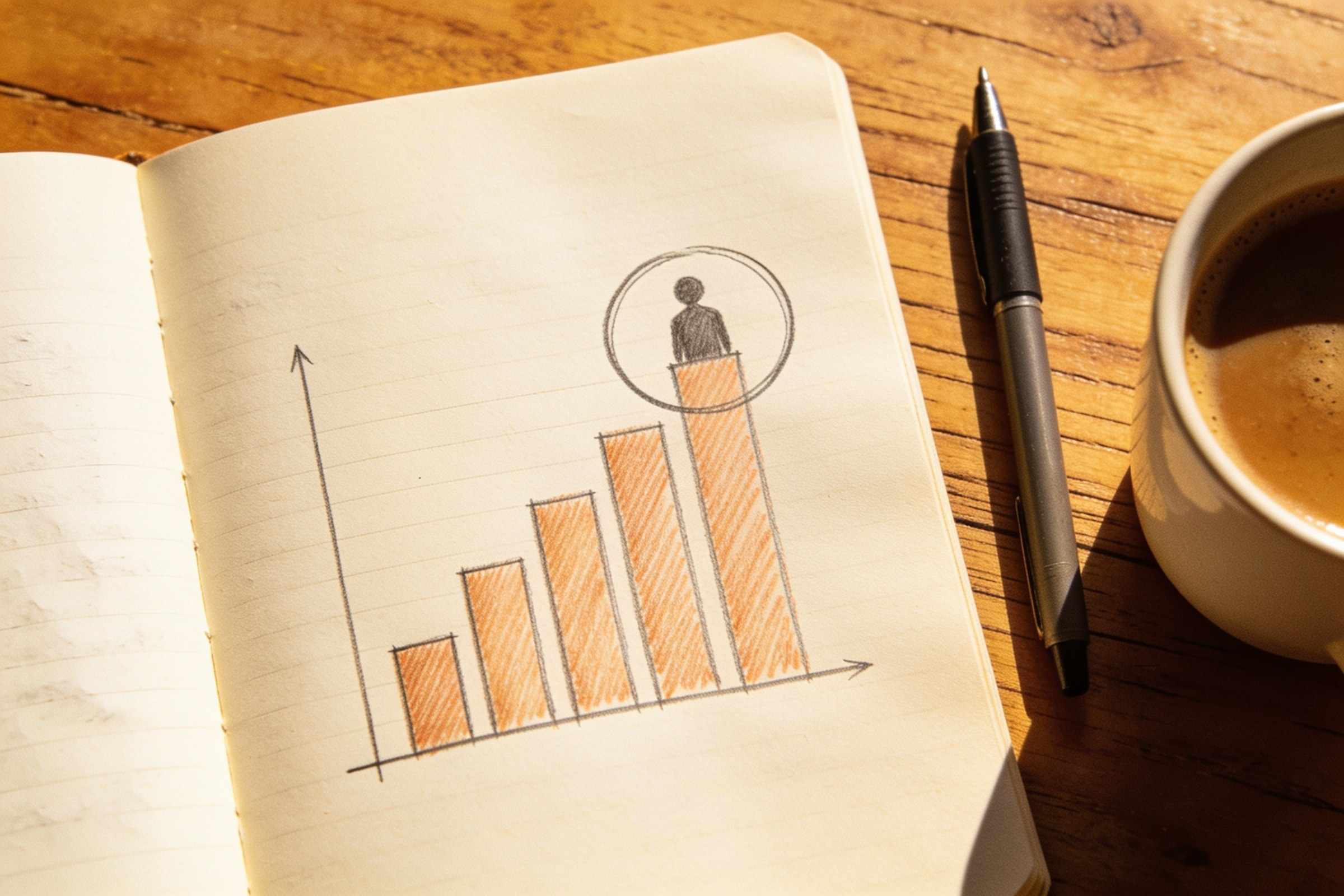 A notebook on a desk with a hand-drawn bar chart and the words "under 200 kB" circled, beside a cup of coffee.