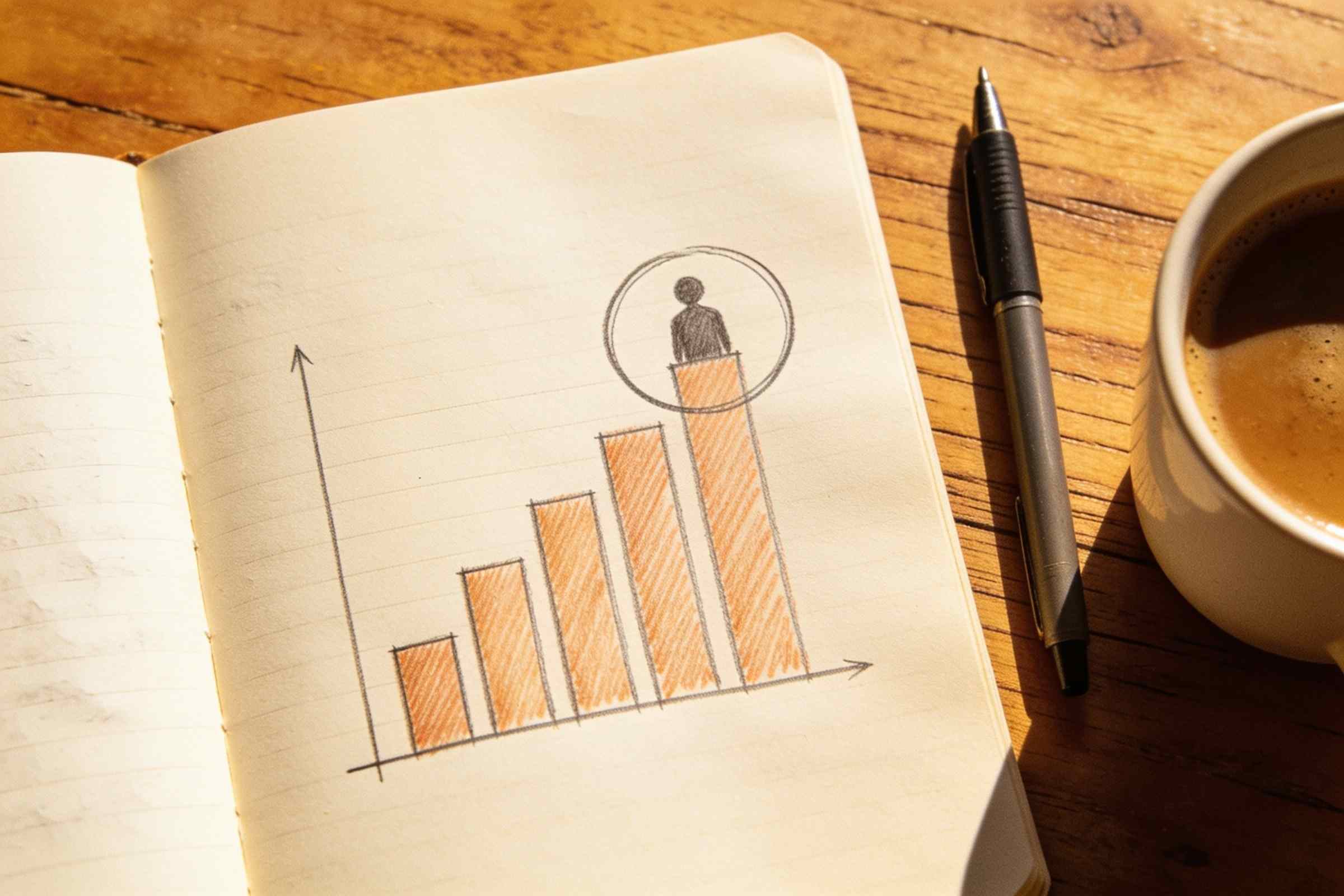 A notebook on a desk with a hand-drawn bar chart and the words "under 200 kB" circled, beside a cup of coffee.