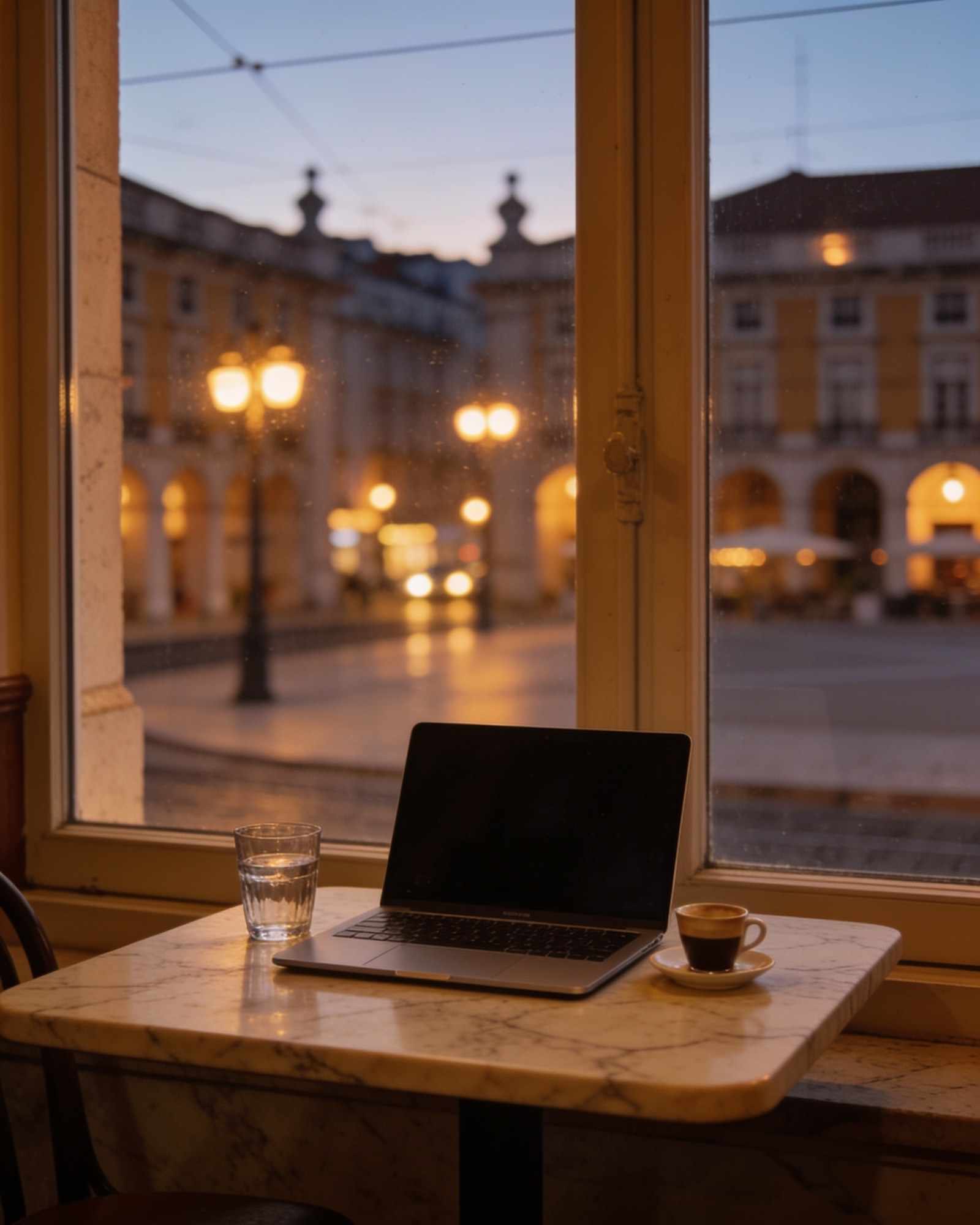 A laptop open on a café table by a window in the evening, a glass of water beside it.