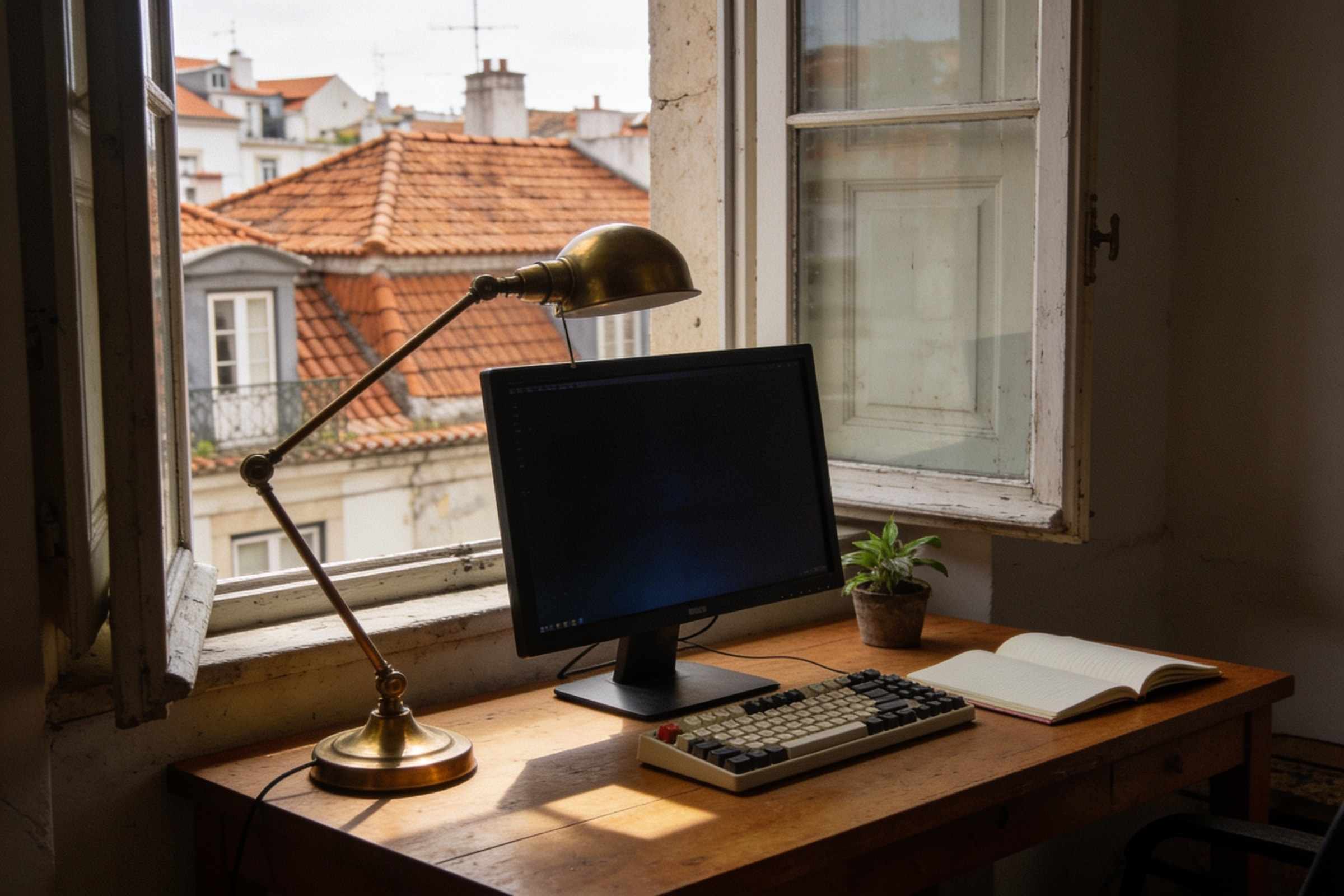 A tidy wooden desk by a window in Lisbon: a monitor, a mechanical keyboard, a notebook and a brass lamp.