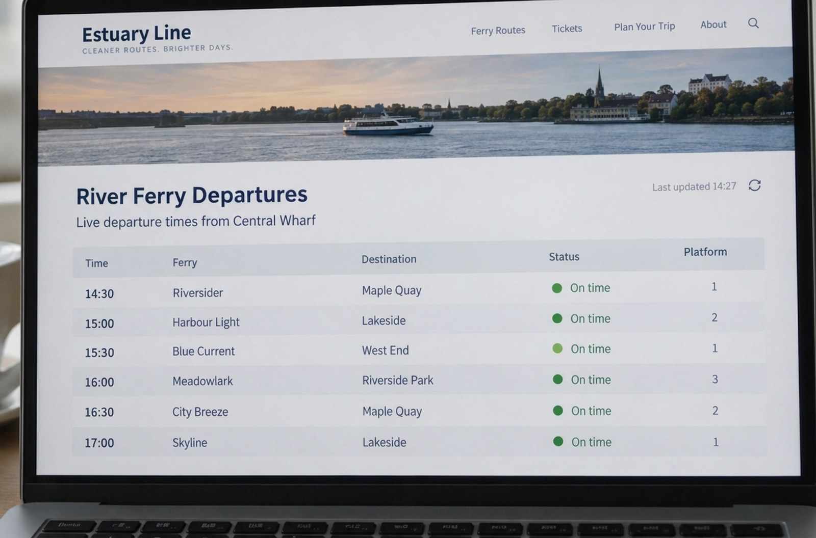 A departure board on the website with times, a boat's name and a live status in green.