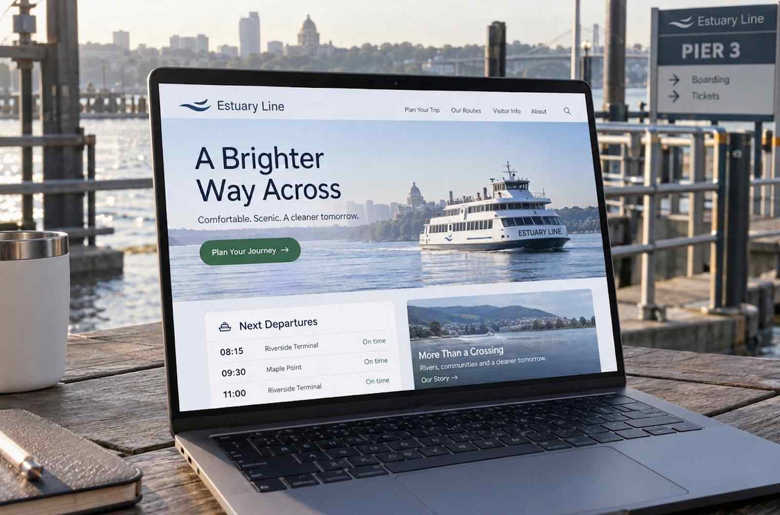 The Estuary Line site on a laptop screen, a departure board with the next three sailings and a large Book a ticket button over a photo of a ferry on a wide river.