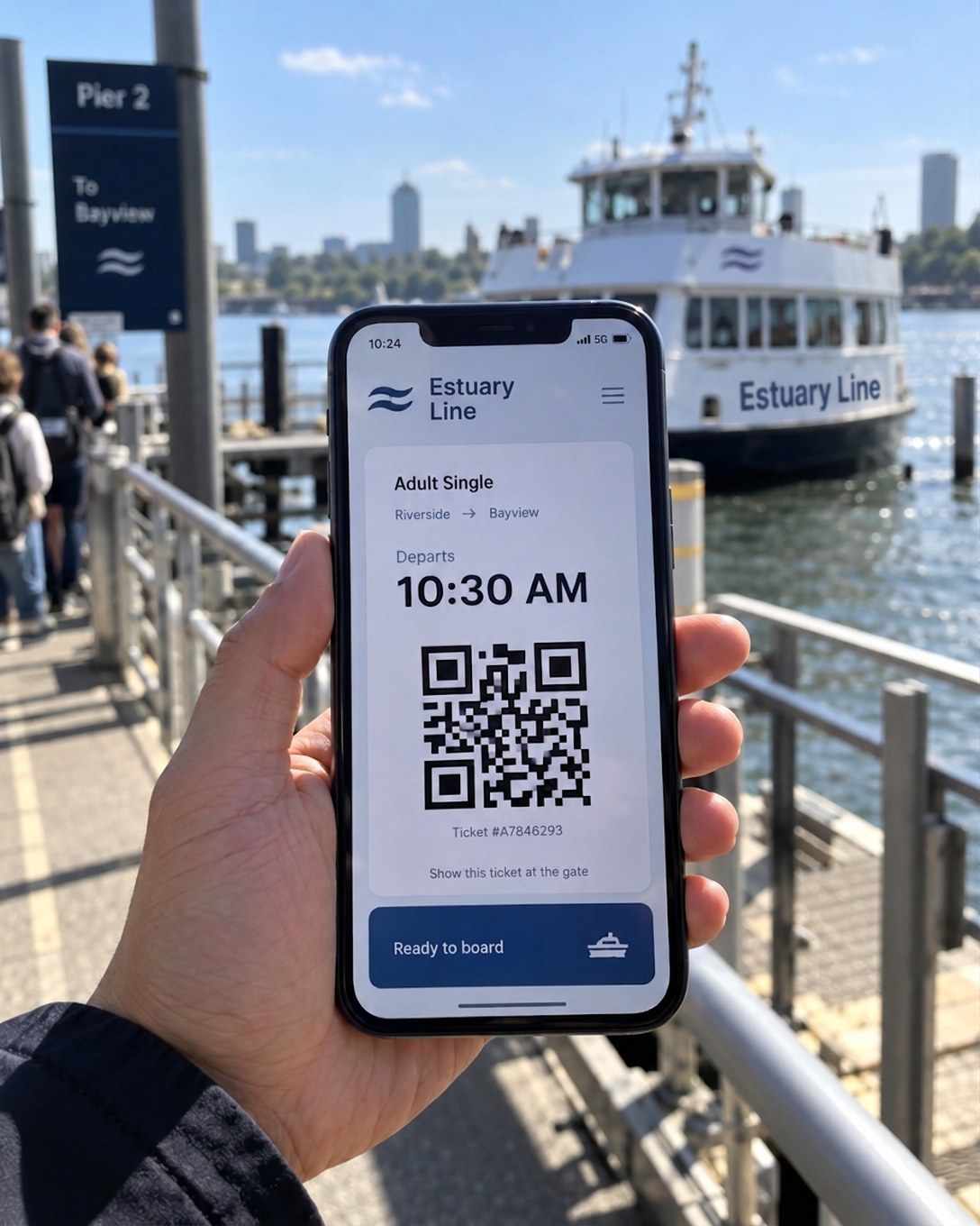 A hand holding a phone on a ferry pier, showing a ticket with a large QR code.