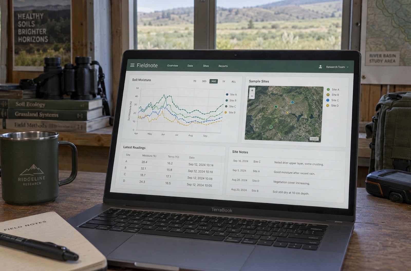 A research dashboard on a laptop in a field station, with charts of soil moisture and a map of sample sites.