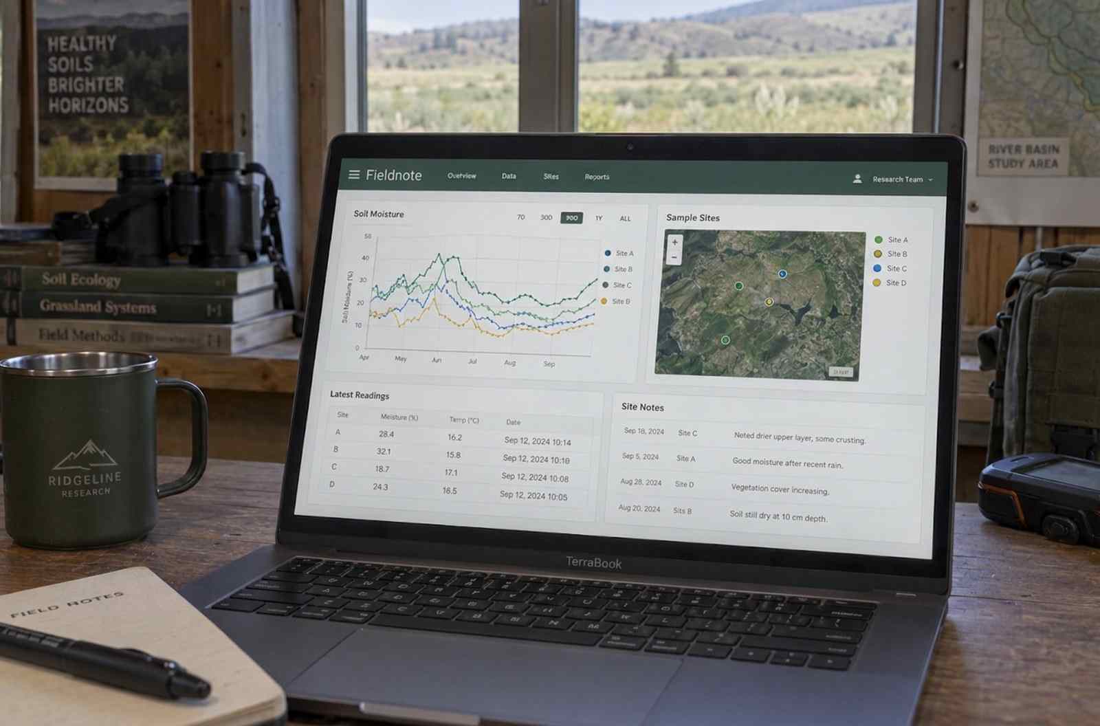 A research dashboard on a laptop in a field station, with charts of soil moisture and a map of sample sites.