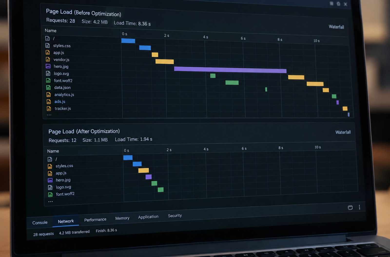Two browser performance timelines side by side, the second far shorter.