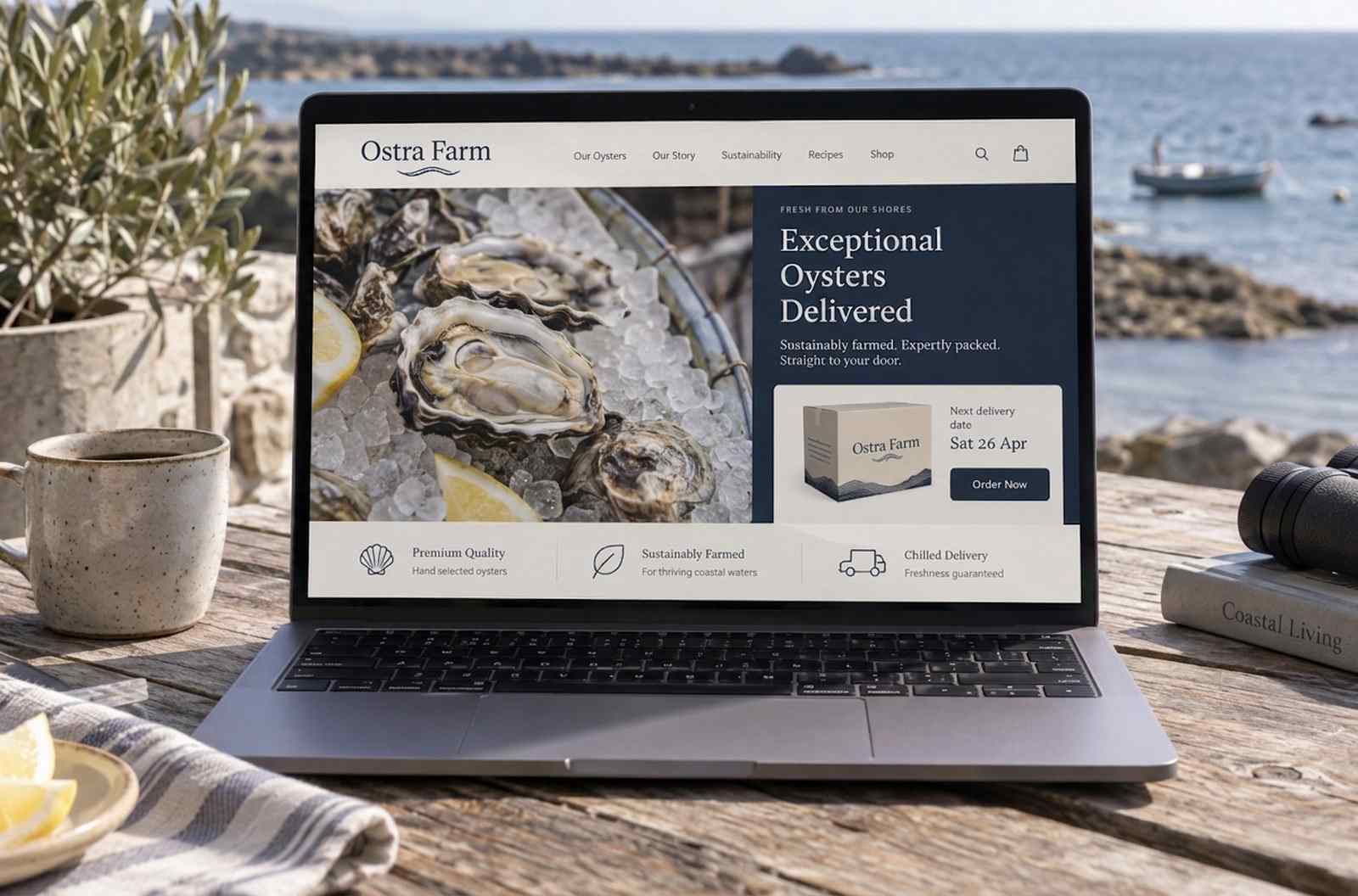 The Ostra Farm shop on a laptop on a wooden table, a large photo of oysters on ice and a box with a Friday delivery date.