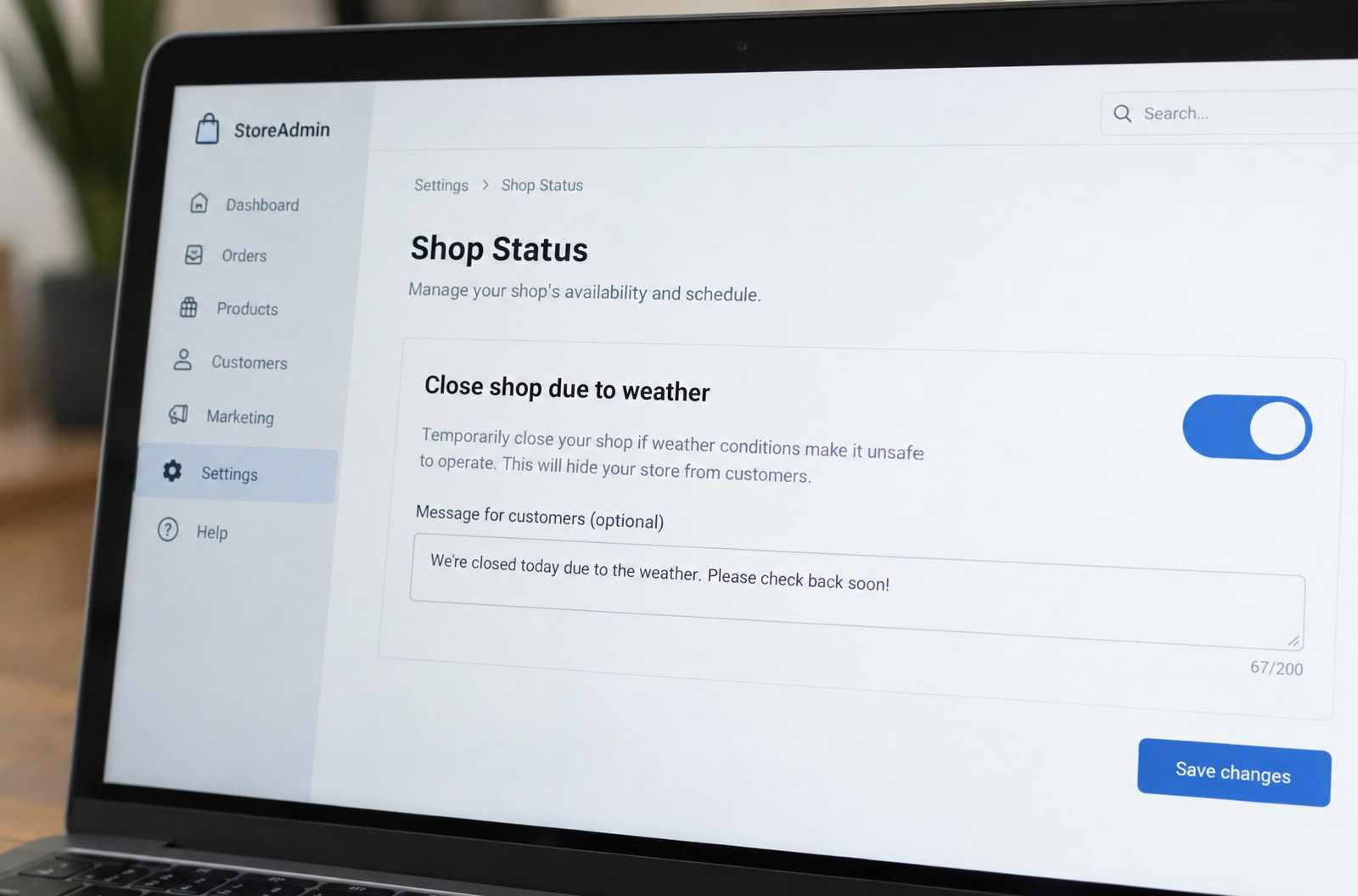 A close-up of the shop's switch to close orders for a storm, with a short message to customers.