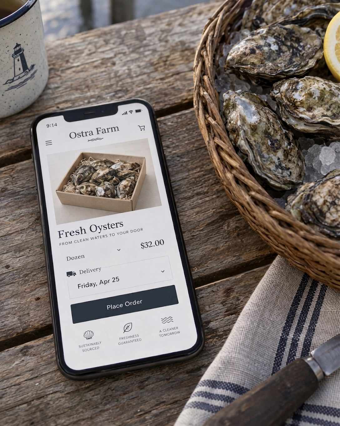 A phone on a weathered wooden table beside a basket of oysters, showing the shop's order page.
