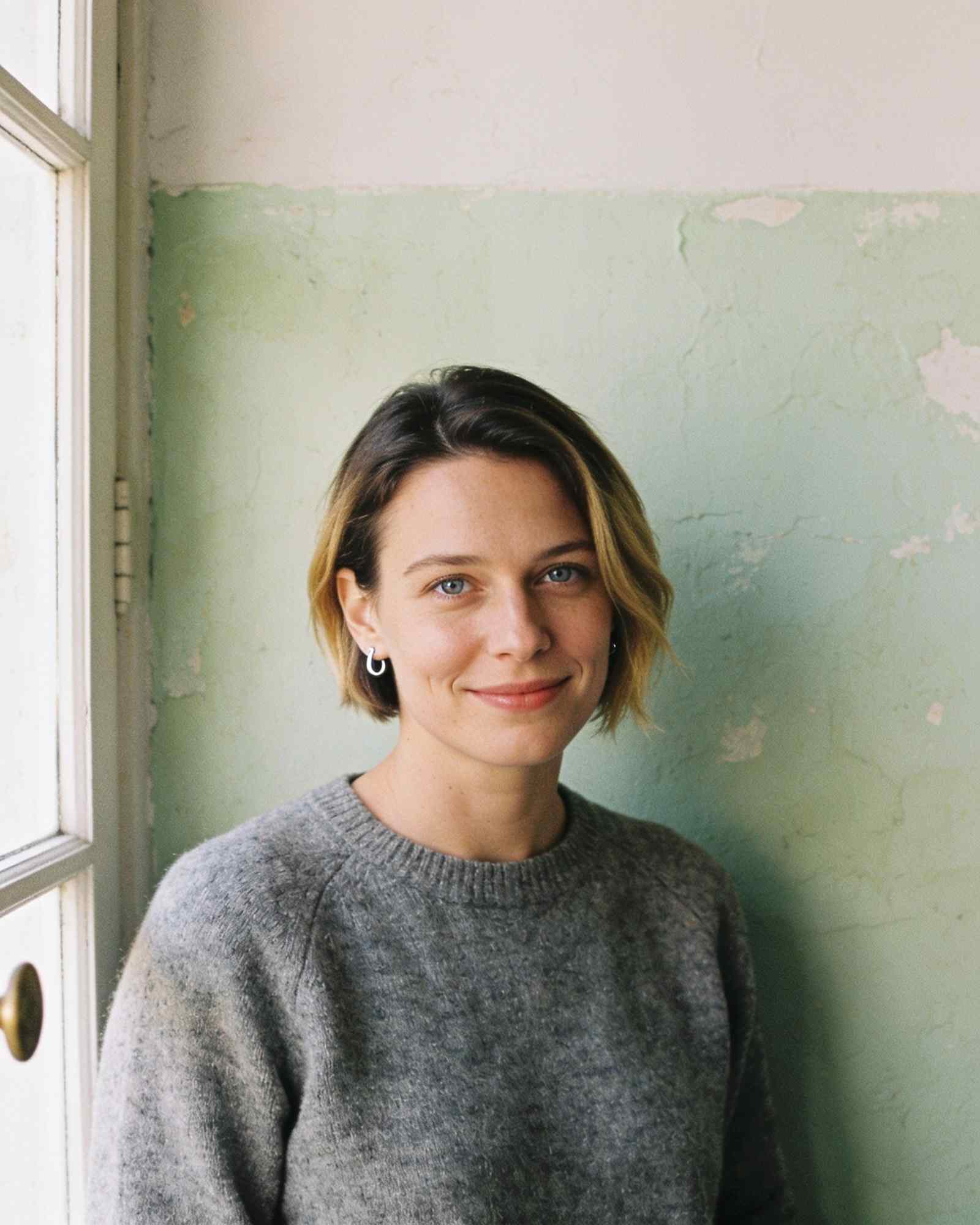 Mara Lindqvist, a woman in her thirties with short dark-blond hair and a grey sweater, smiling slightly in front of a plaster wall in soft window light.