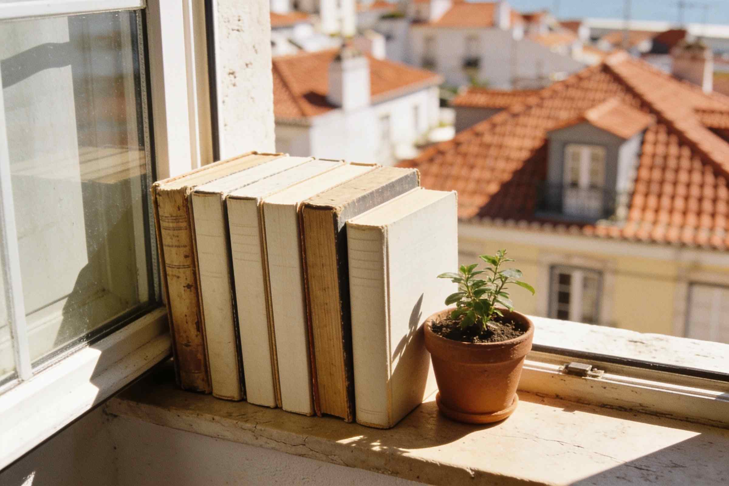 A stack of well-used programming books on a windowsill in afternoon light.