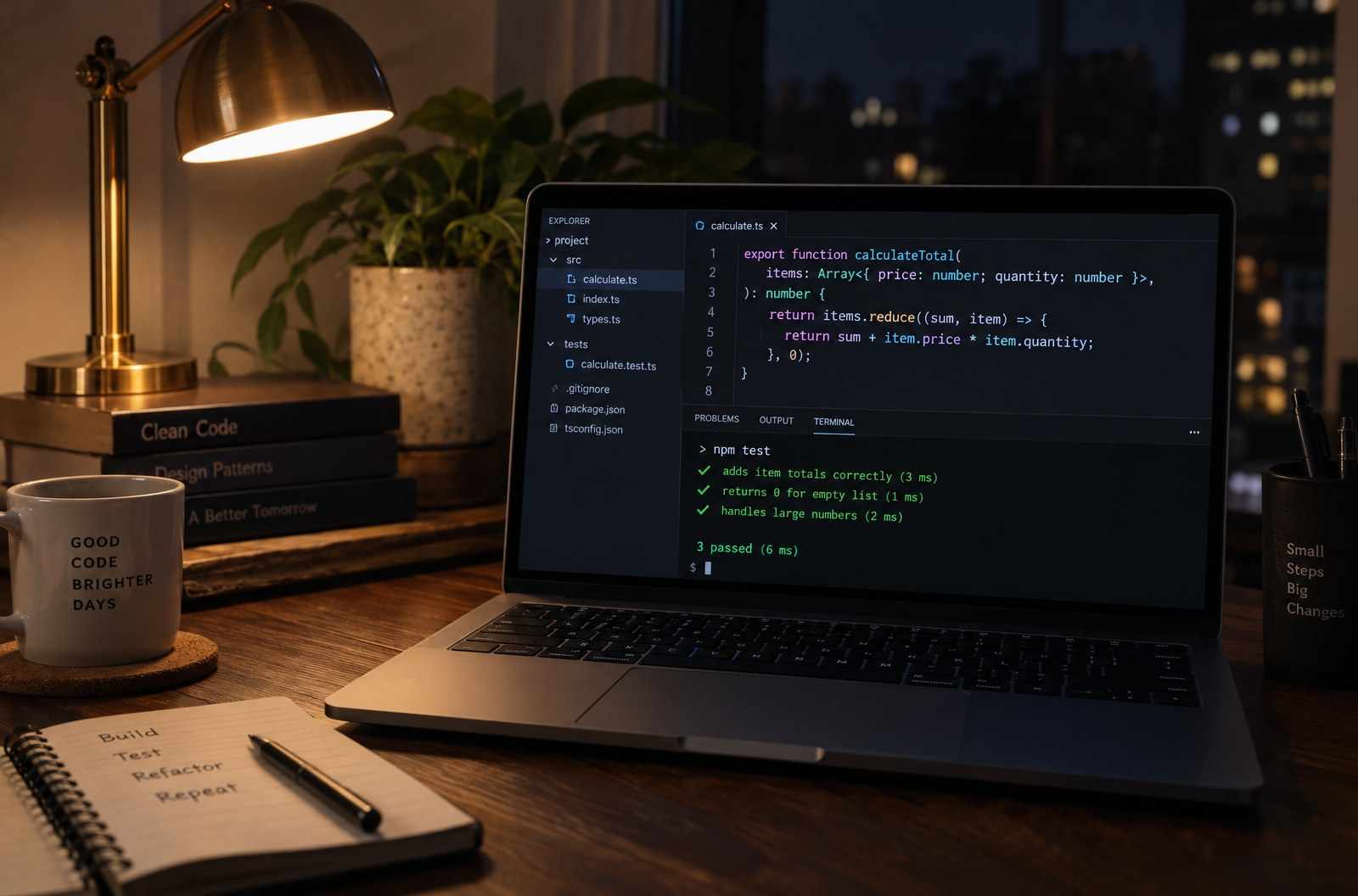 A dark code editor on a laptop showing a short TypeScript example that adds a job to a queue, beside a terminal with green test results.