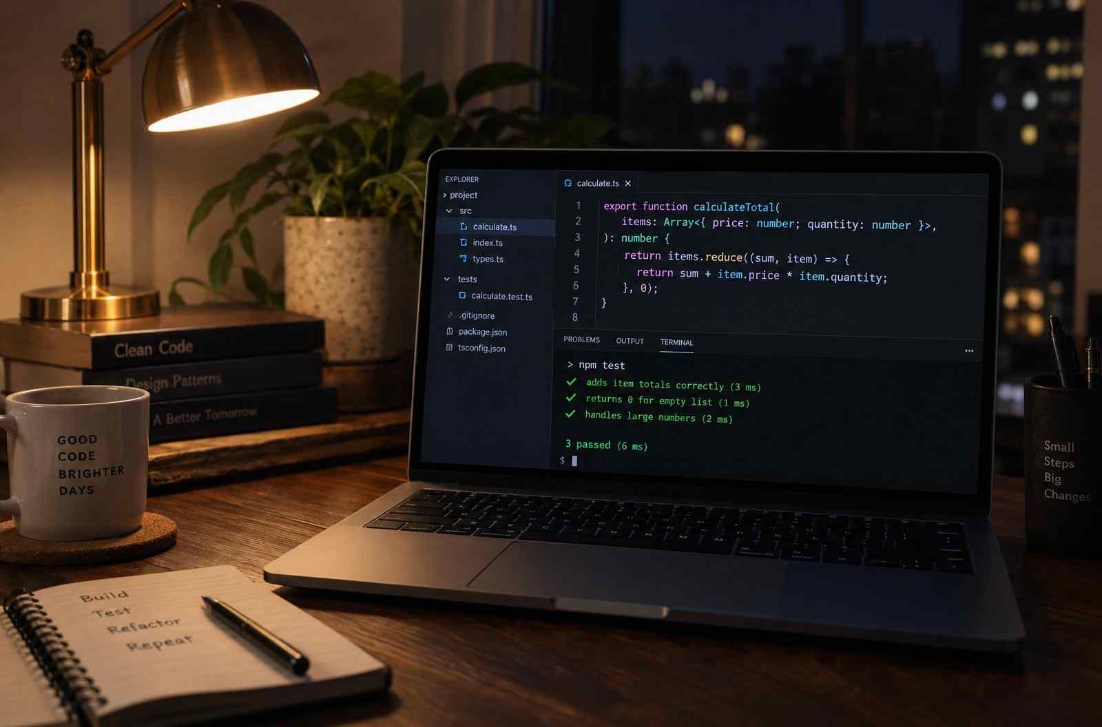 A dark code editor on a laptop showing a short TypeScript example that adds a job to a queue, beside a terminal with green test results.